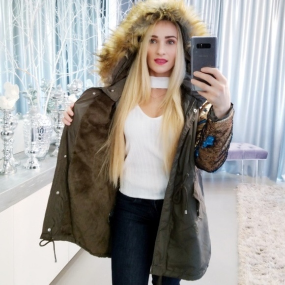 PARKA COAT WITH SEQUIN SLEEVES - Picture 2 of 5
